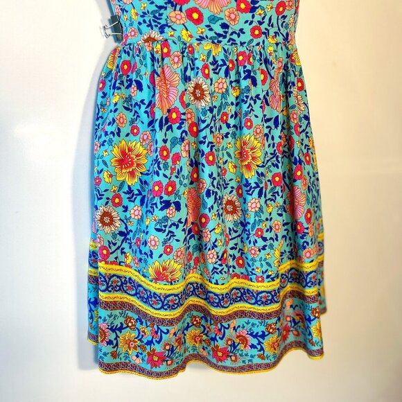 Vintage Inspired SZ L Blue Boho Print Floral Dress 100% Cotton Cottage Country - Picture 4 of 9